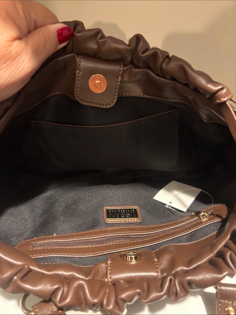 Urban Expressions Brown Leather Drawstring Shoulder Bag with Teddy Charm - Picture 4 of 5